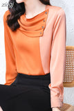 Women Shirt Silk Color Matching Blouses for Women Pleated Diagonal Button Clothes Women O-neck Long Sleeve Basic