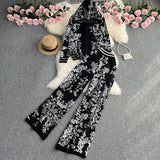 Zingj Suit Female Autumn And Winter Ink Painting Jacquard Zipper Hoodie Two Sets Of High Waist Wide Leg