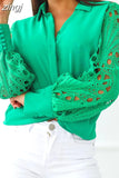 Sexy Lace Hollow Out Women Blouse Streetwear 2023 Autumn Black Button Up Shirts Green Top Long Sleeve Mesh Design