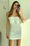 Sexy Satin Strapless White Bodycon Dress Mini Diamonds Bow Wedding Guest Night Party Dresses Summer Women Dress