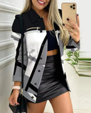 Spring And Autumn New Black Coat Long Sleeve Button Color Printing Clip Commuter Temperament Advanced Sensing Suit