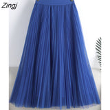 2022 Spring Summer Korean Fashion 3 Layers Blue Mesh Tulle Women Midi Long High Waist Pleated A Line Skirt