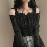 Summer Korean Chic French Style Collar Small Design Feel Folded Bubble Sleeve Short Shirt