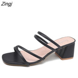 Women Sandals Ladies Square Heels Elegant Summer Slippers Outside Cross Tied Leather Female Slides 2023 Fashion Woman