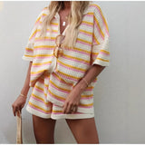 Spring And Summer New Women's Explosive Wool Jersey Collar Striped Short-Sleeved Shorts