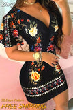 Women Elegant Dress Vintage Floral Print Ruffles Bodycon Dress for Party Cocktails Casual Mini Dress Vacation