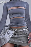 Hollow Out Long Sleeve T-shirts Tops Solid O Neck 2023 Causal Slim Fit Basic Tees Women Sexy T-Shirts Streetwear