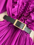 Vintage Women Pleated Long Dress Red/Purple/Yellow V-Neck Ruffle Puff Sleeve Draped A-Line Vestidos Female New