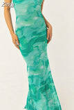 Women Long Dress Striped Print Sleeveless O-neck Mesh Sheer See Through Side High Split Beach Cover Up Female