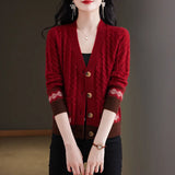 Zingj Spring And Autumn New V-Neck Sweater Coat Female Foreign Style Jacquard With A Small Loose Knit Cardigan-Outfit