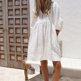 Spot 2025 Summer New Women Fashion Loose V-Neck Bubble Sleeve Cotton Linen