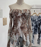 Shooting Retro Shoulder Tie-Dye Net Horn Long-Sleeved T-Shirt Irregular Lotus Leaf Side Ribbon Y2k Top