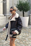 Fashion Faux Fur Jacket with Zipper Women Long Sleeve Double-sided Jackets Warm Coat Female Casual Lapel Lace Up