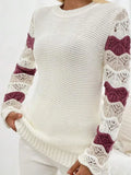 And Winter New Sweater Women's Knitted Stripes Hit The Hollow Sleeve Round Collar
