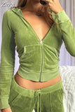 Fashion Green Velour Cropped Zip Up Hoodie Women Autumn Basic Jacket Coat Harajuku Hooded Sweatshirts Solid