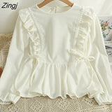 Ruffles Corduroy Blouse Women New Korean Style Sweet Lace Up Kawaii Shirts Autumn Elegant Office Long Sleeve Ladies