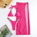 2023 New Bright Diamond Solid Color Long Dress Mesh Three-Piece Swimsuit
