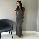 Zingj Summer New Women's Solid Color Temperament U Collar Short Sleeve Slim Long Dress