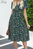 Women Summer V Neck Casual Beach Dress 2023 Elegant A Line Floral Print Midi Short Sleeve Split Party Holiday Dress Robe