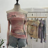 Shooting Design Dizzling A Word On The Shoulder Of The Women's Net Exposed Shoulder Long Sleeves Irregularly Folded Short T-Shirt