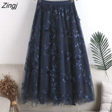 Flower Embroidery Tulle Midi Skirt Women Summer Elegant Elastic High Waist A-line Tutu Skirt Female Casual Pleated