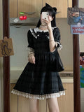 Japan Sweet Bow Jk Women Plaid Dress Chic Lace Patchwork A Line Sexy Dress Summer Preppy Style Student Puff Sleeve
