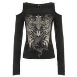 Retro Wing Prints Long Sleeves Fill In The Women's 2025 Street Personality Out-Shoulder New Top