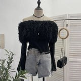 Wind Shoulder Hair Knitted Shirt Girl Short To Make Old Broken Long-Sleeved T-Shirt Top