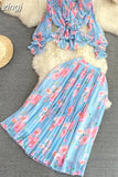 Floral Printed Two Piece Set Spring Autumn V-Neck Ruffle Draped Flare Sleeve Chiffon Blouse+High Waist Pleated Skirt