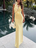 Women's Dress V-Neck Hanging Neck Solid Color Dress Three-Dimensional Lace Decoration Women