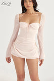 New Summer Long Sleeve Bodycon Dress Square Collar Mini Mesh Dress Lovely Birthday Party Pink Outfits