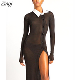 Single Breasted Transparent Dresses Women Sexy Long Sleeve Casual Turn Down Collar High Side Split Evening Dress