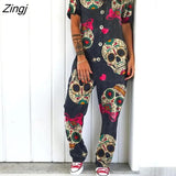 Women Streetwear Loose Jumpsuit Fashion Button-down Skull Print V-neck Short Sleeve Overalls for Female