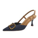 Early Autumn French Lady Wind Tip Fine Heel Single-Shoe Temperament Denim Behind The Empty Pedal Women's High