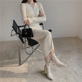 Knitted Sweater Long Sleeve Dresses Women Slim Bodycon Korean Elegant Fall Winter Button V Neck Sweater Midi Woman