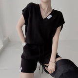 Chic Sweet V-Neck Loose Letter Sticker Short-Sleeved Knitwear + Rope High-Waisted Leisure Wide-Legged Shorts