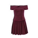 Zingj Spring New Sexy Pure Desire Temperament Double-Breasted One-Word Shoulder Dress Pleated Skirt
