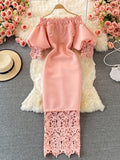 Hollow Out Lace Bodycon Long Dress Women Elegant Red/Pink/White Off Shoulder Patchwork Maxi Party Vestidos 2023 Autumn