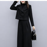 Winter Small Fragrant Hair, Two Trouser Sets Of Women's Fashion Temperament Black Casual Broad Leg Trousers Suit
