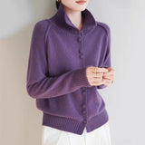 2025 New Retro Buckle Design High-Necked Ladies Knitted Cardigan Pure Color Ocean Sweater