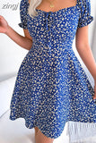 Women Flroal Print A-Line Short Dress Summer Shrinkage Design Bandage Boho Mini Dress Ladies Square Collar Vestido