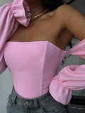 Sexy Hottie Body Fish Bone Bra Splicing Bubble Sleeve Niche Design Long-Sleeved