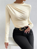 Summer Solid Color Round Collar Repair Shirt Bran Folding Design Women's Long-Sleeved