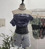 Real Shooting Can Wear Two-Wear Art Dizzy Net Yarn Spliced A Word Shoulder T-Shirt To Repair The Chest Short Babes Top