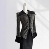 Zingj Earth Wind Unique Top Show Waist Short Black POLO Pointed Collar Draw Rope Horn Sleeve Shirt Forest Witch