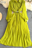 Autumn Women Turn-Down Collar Pleated Long Dress Vintage Single Breasted Lantern Sleeve High Waist Draped Maxi Robe