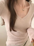 Ribbed V Neck Slim Long Sleeve Knit-Outfit