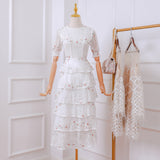 Layer Ruffles Lace Maxi Dress Runway Summer Women White Floral Embroidery Long Dress Hollow Out Cake Party Dress 211-1-Outfit