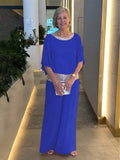 New Solid-Color Suit Round-Collar Sleb Set Of Bright Bat Shirt Wide Leg Trousers Set For