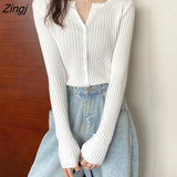 Women Slim Solid Fashion Single-breasted All-match Simple Korean Knitting V-neck Fall Female Chic Vintage